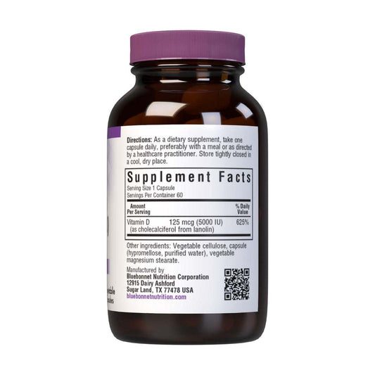 Bluebonnet Vitamin D3 5000 IU supplement in 60 vegetable capsules, natural dietary vitamin D3 by Pasteur Pharmacy