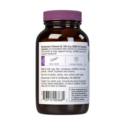 Bluebonnet Vitamin D3 5000 IU supplement in 60 vegetable capsules, shown in a bottle with label and capsules inside.