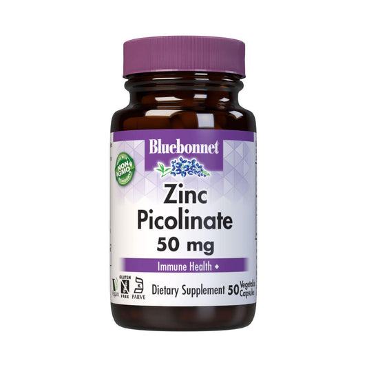 BlueBonnet Zinc Picolinate supplement in vegetarian capsules, 50 mg zinc, shown in clear bottle on a white background.