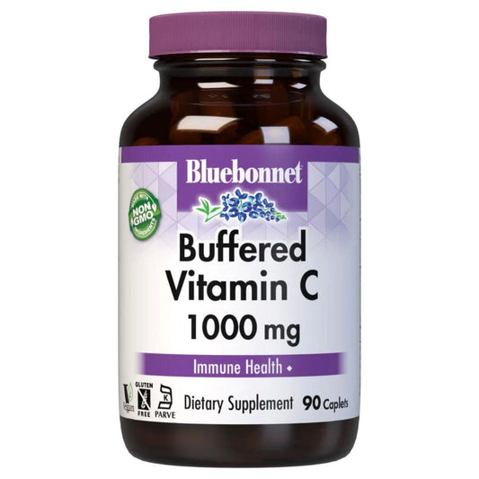 Bluebonnets Buffered Vitamin C 1000 mg supplement in a bottle of 90 caplets, natural vitamin C support from Pasteur Pharmacy.