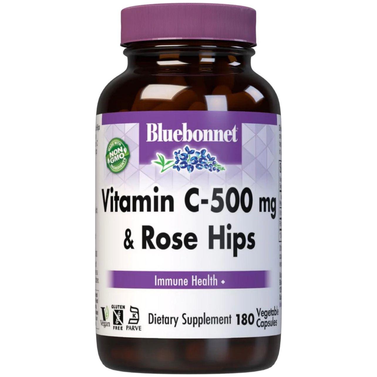 Bluebonnets Vitamin C 500 mg with Rose Hips supplement in 180 vegetable capsules, promoting immune health and wellness.
