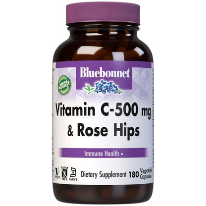 Bluebonnets Vitamin C 500 mg with Rose Hips supplement in 180 vegetable capsules, promoting immune health and wellness.