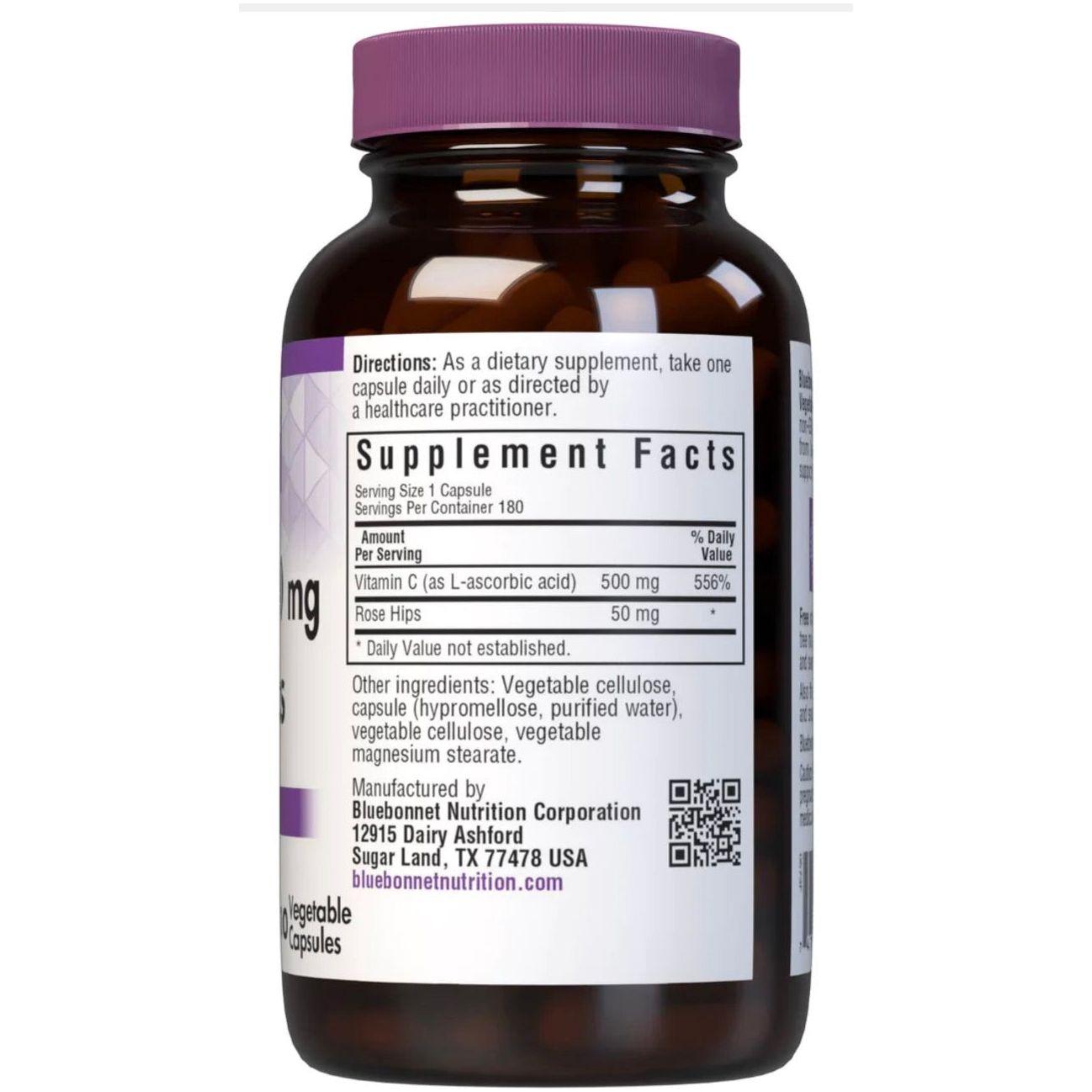 Bluebonnets Vitamin C 500 mg with Rose Hips in 180 vegetable capsules, dietary supplement for immune support.