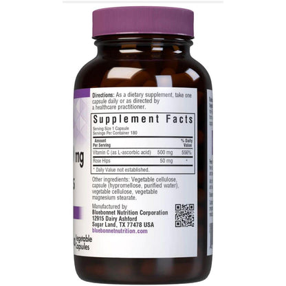 Bluebonnets Vitamin C 500 mg with Rose Hips in 180 vegetable capsules, dietary supplement for immune support.