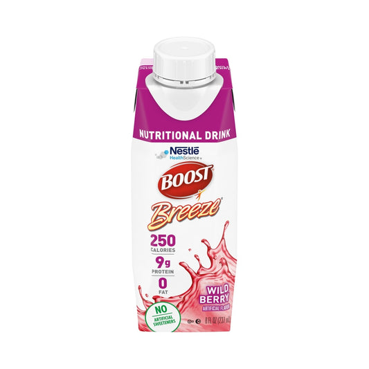 Boost Breeze Wild Berry nutritional drink in 8 oz bottle, showing vibrant berry flavor label and clear packaging.