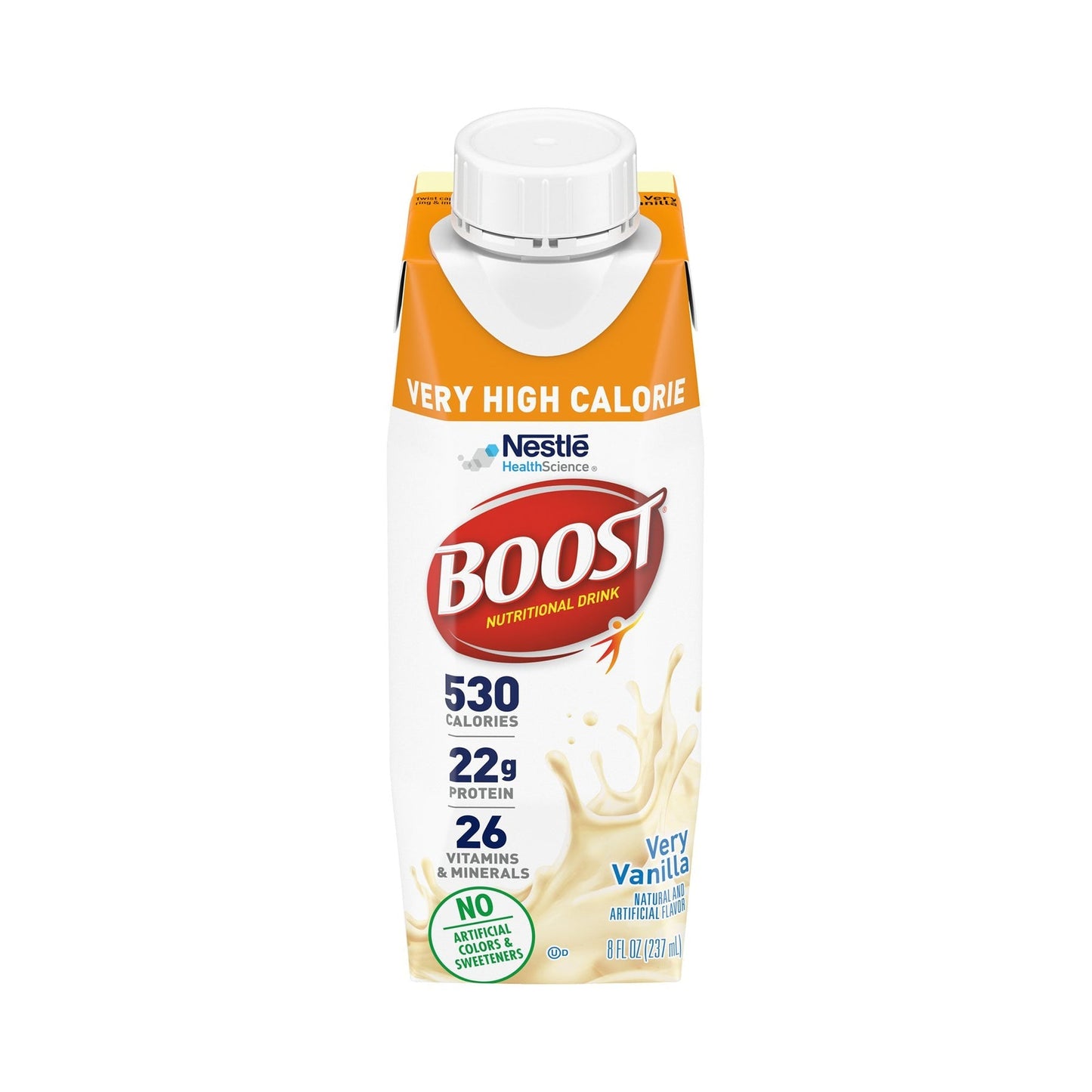 Boost Very High Calorie Vanilla Oral Supplement carton by Pasteur Pharmacy, 8 oz bottle of nutritional vitamins and supplements.