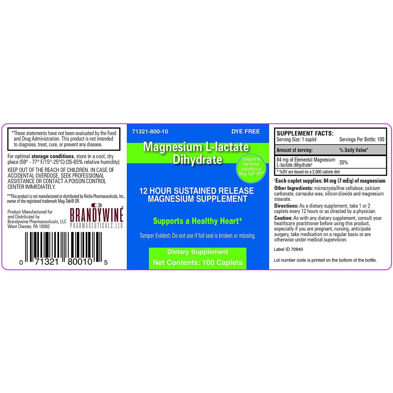 Bottle of Brandywine Magnesium L-lactate Dihydrate supplement from Pasteur Pharmacy with a white label and clear cap.