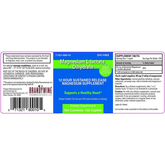 Bottle of Brandywine Magnesium L-lactate Dihydrate supplement from Pasteur Pharmacy with a white label and clear cap.