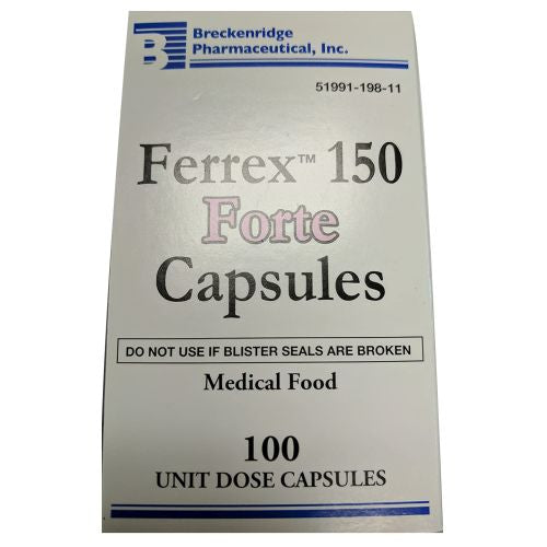 Breckenridge Ferrex 150 Forte capsules, dietary vitamins and supplements with orange and white capsule imagery.