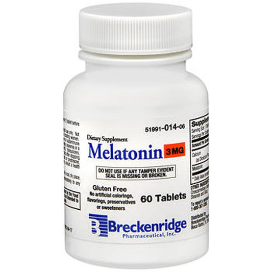 Breckenridge Pharm Inc gluten-free Melatonin 3 mg tablets for sleep support, shown in blister pack.