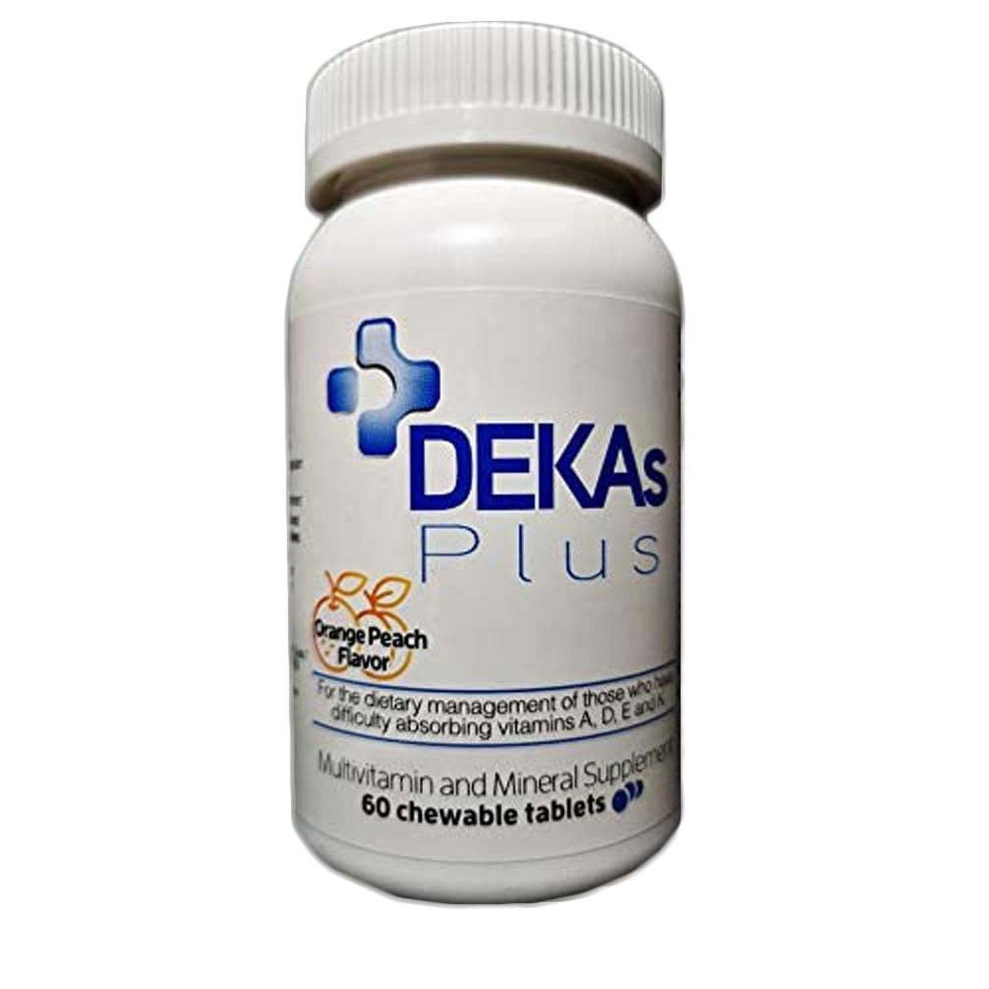 Callion Pharma Dekas Plus chewable tablets, vitamin and supplement bottles, 60-count, natural supplement for health support.