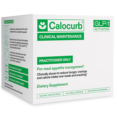 Calocurb Clinical Maintenance GLP-1 Activator vitamin supplement bottles with 60 capsules from Pasteur Pharmacy.