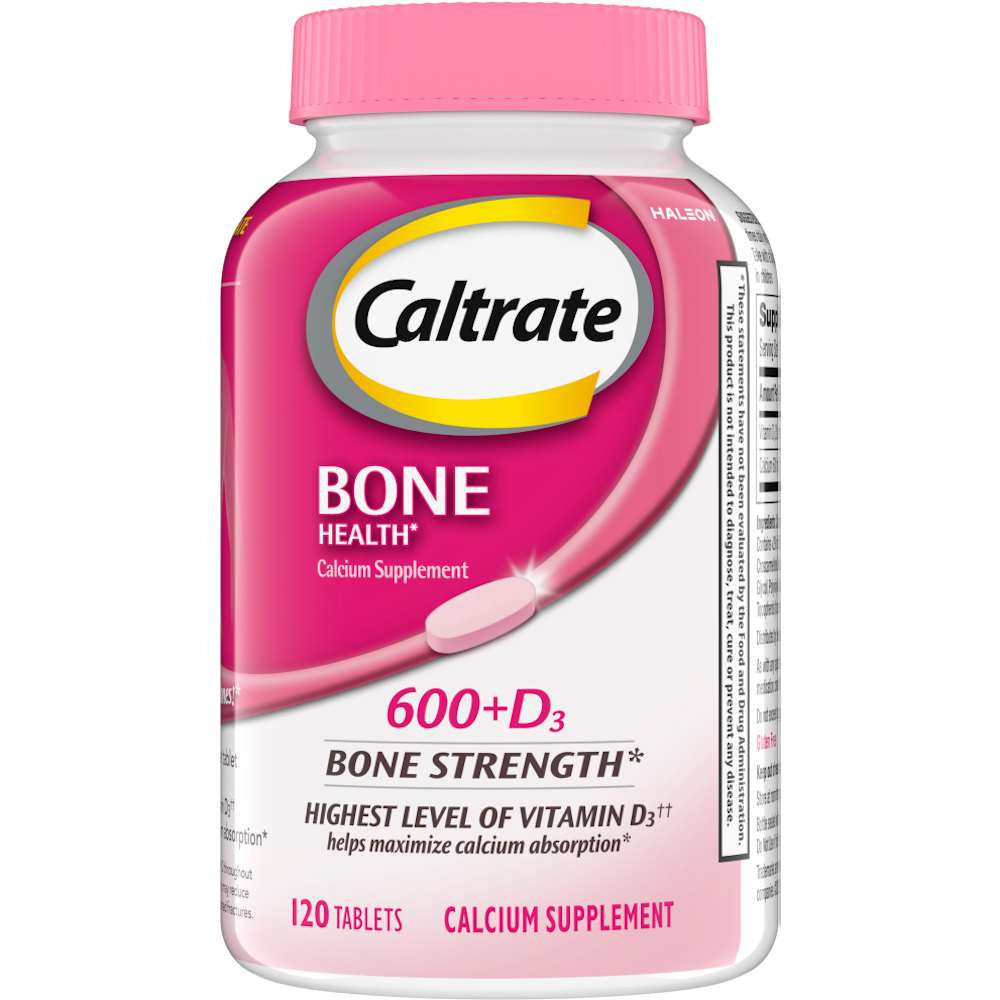 Caltrate 600+D3 Calcium and Vitamin D3 supplement bottles for bone health, containing 120 tablets, from Pasteur Pharmacy.