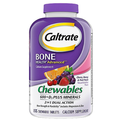 Caltrate 600+D3 Plus Minerals calcium supplement chewables in cherry, orange, and fruit punch flavors, vitamins and minerals.