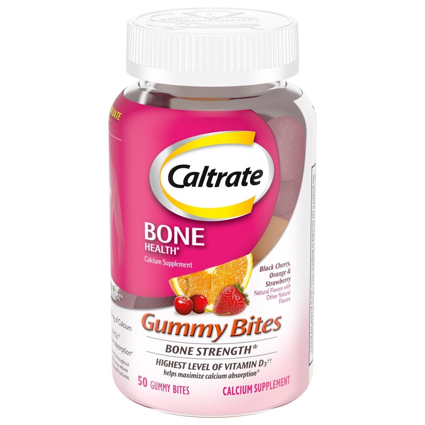 Caltrate Bone Health 500mg gummy bites bottle, vitamin supplement for strong bones, 50 count, by Pasteur Pharmacy