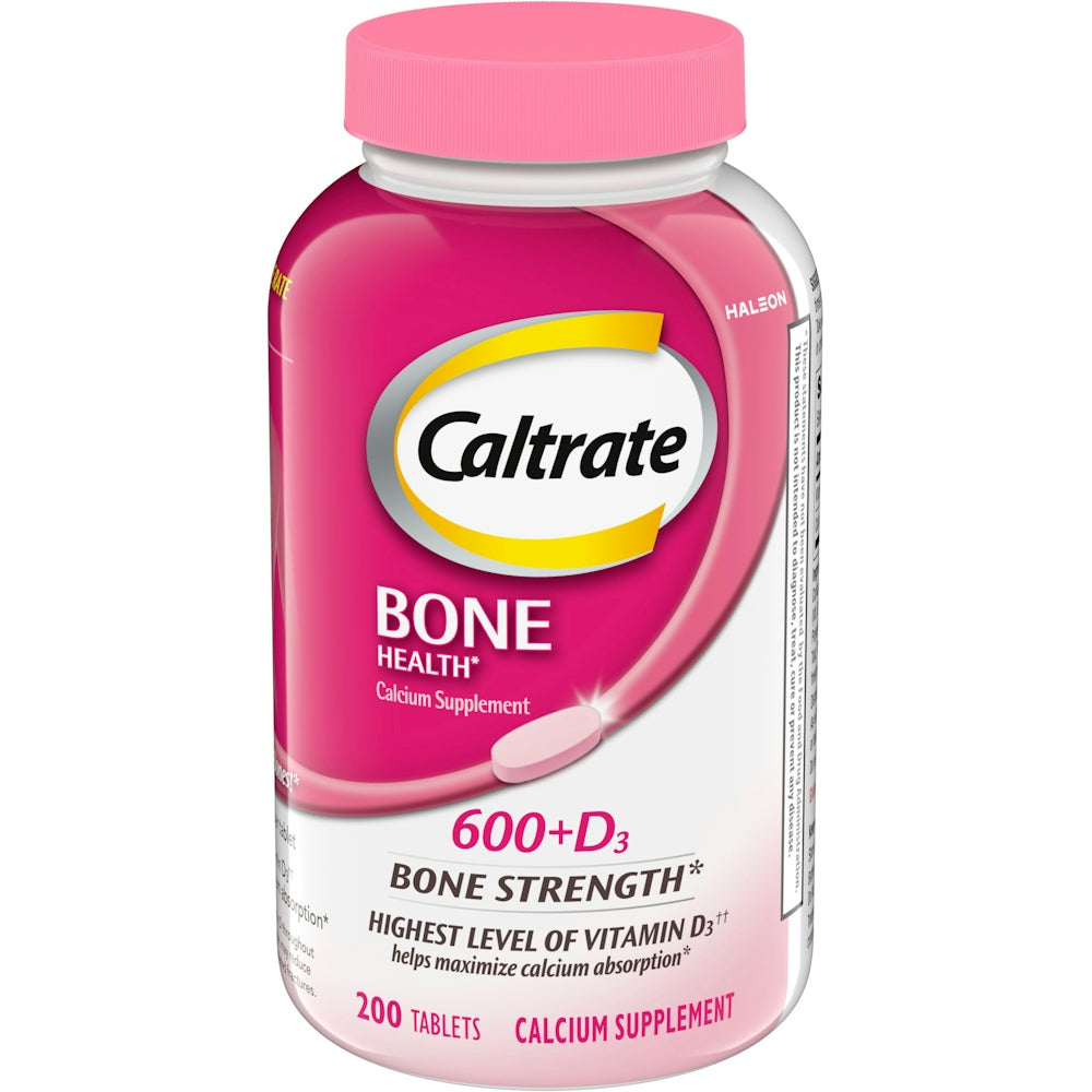 Caltrate Bone Health 600mg plus D3 vitamin and supplement tablets in a bottle, designed to support strong bones and overall health.