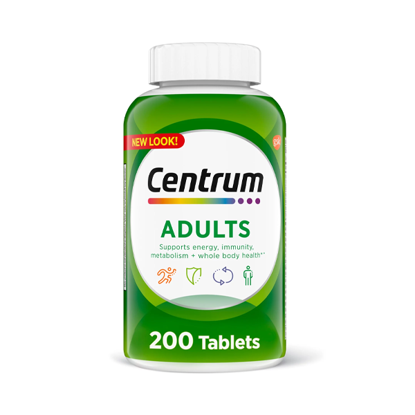 Centrum Adults multivitamin tablets in bottle, dietary supplement for daily vitamins and minerals, 200 count, Pasteur Pharmacy brand