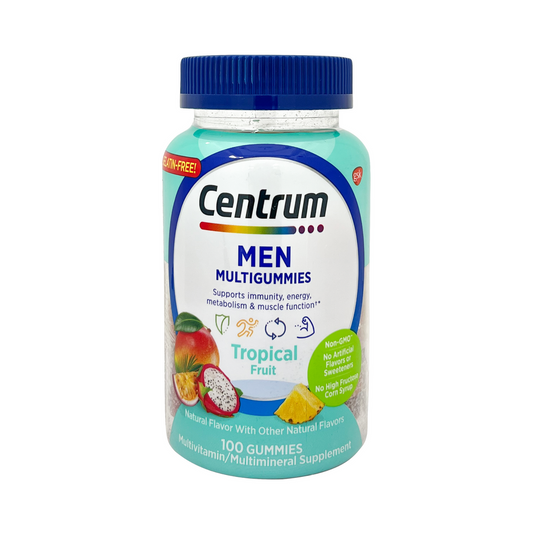 Centrum Men’s Multivitamin Gummies in tropical fruit flavor, 100 count, dietary supplement with colorful gummy vitamins in a container.