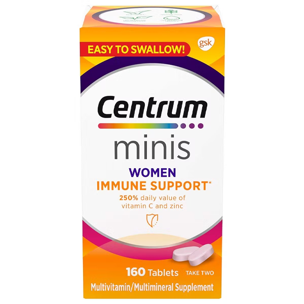 Centrum Minis immune support caplets for men, dietary supplement bottle with 160 capsules, in natural light.