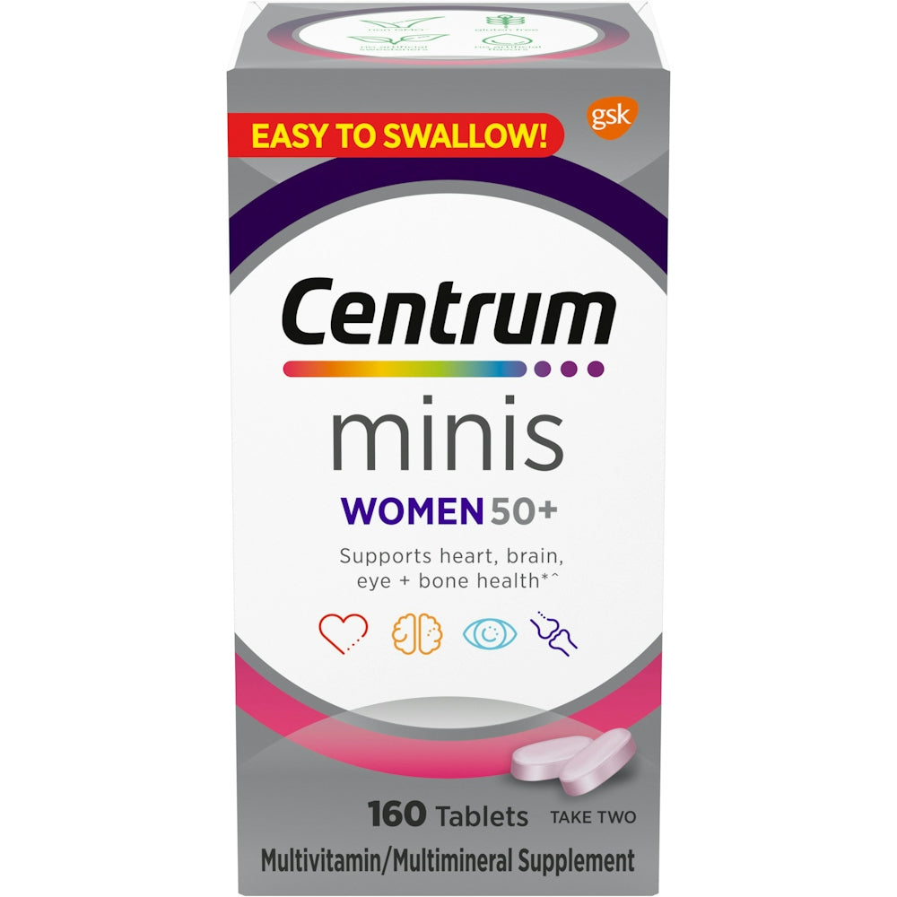 Centrum Minis Women 50 Plus multivitamin supplement tablets in a white bottle with colorful label, designed for women over 50.