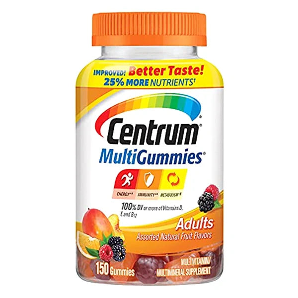 Chewy Centrum MultiGummies adult multivitamin gummies with assorted fruit flavors, containing vitamins D, B, and E.