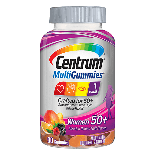 Centrum MultiGummies gummy multivitamin for women 50 plus with vitamin V, in colorful gummy shapes, from Pasteur Pharmacy