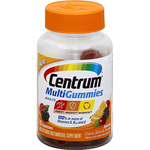 Centrum Multivitamin Gummies for Adults in cherry, berry, and orange flavors, dietary supplement by Pasteur Pharmacy.