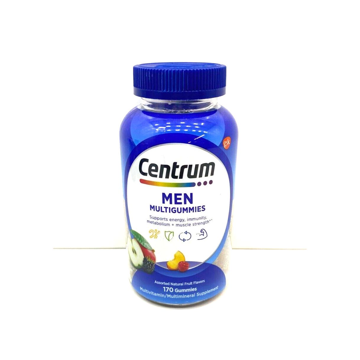 Centrum Men multivitamin and multimineral gummies with assorted natural fruit flavors in a bottle.
