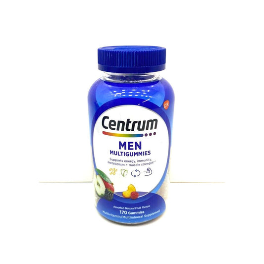 Centrum Men multivitamin and multimineral gummies with assorted natural fruit flavors in a bottle.