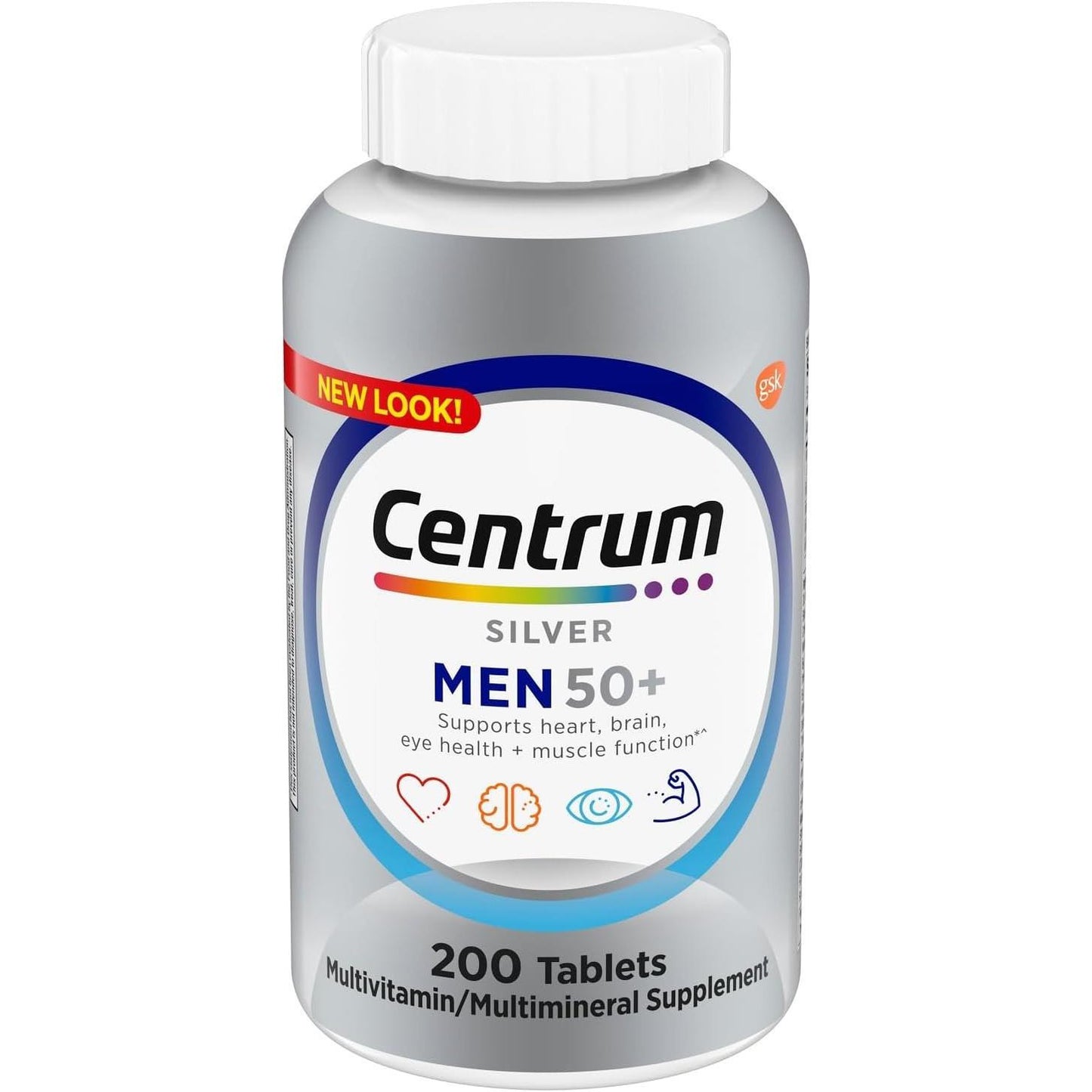 Centrum Silver Men 50+ multivitamin dietary supplement tablets in a bottle, designed for men's health, 200 count.