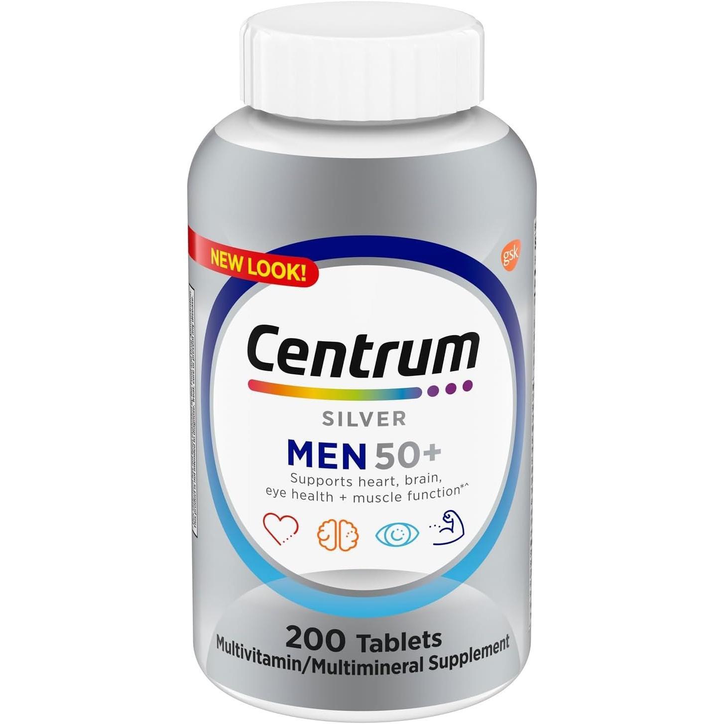Centrum Silver Men 50+ multivitamin dietary supplement tablets in a bottle, designed for men's health, 200 count.