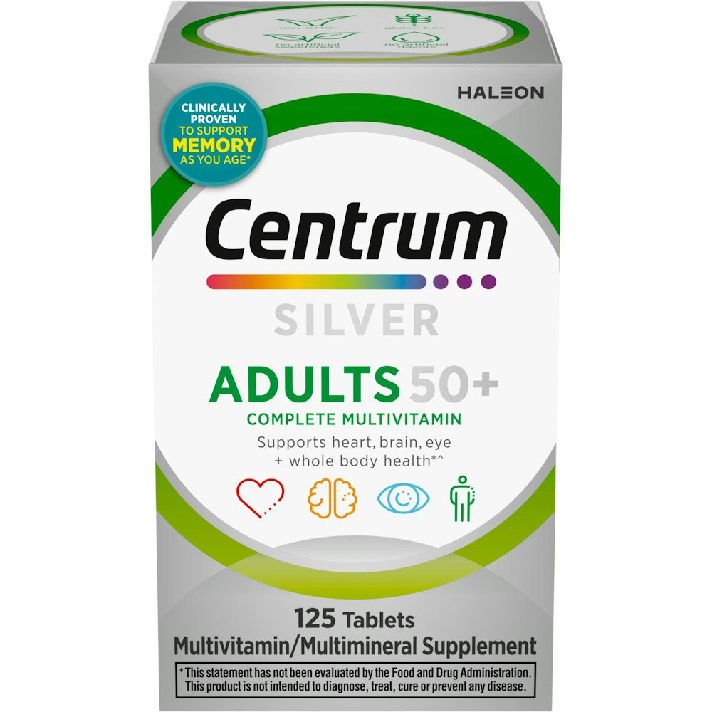 Centrum Silver multivitamins for adults 50 plus in a bottle of 125 tablets, dietary supplement from Pasteur Pharmacy.