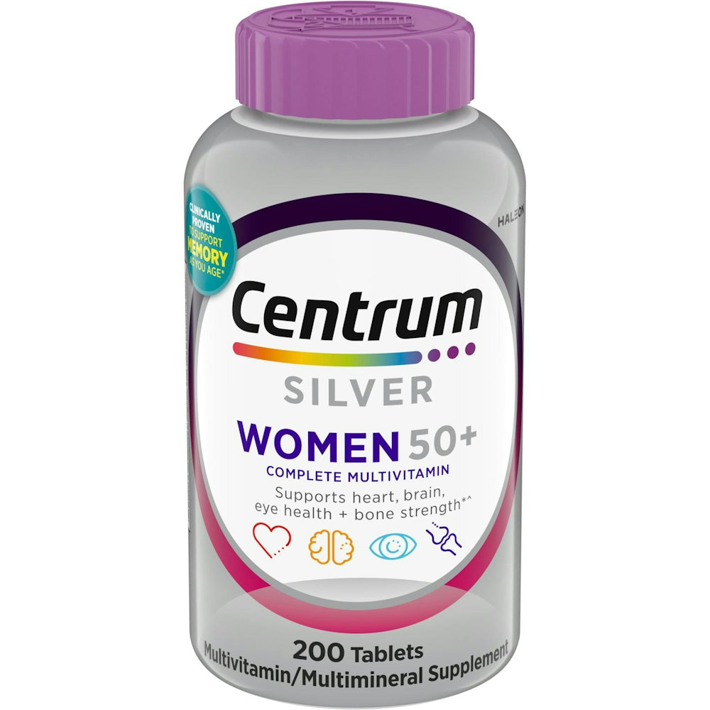Centrum Silver Women 50+ multivitamin and multimineral supplement bottle with colorful label and tablets inside