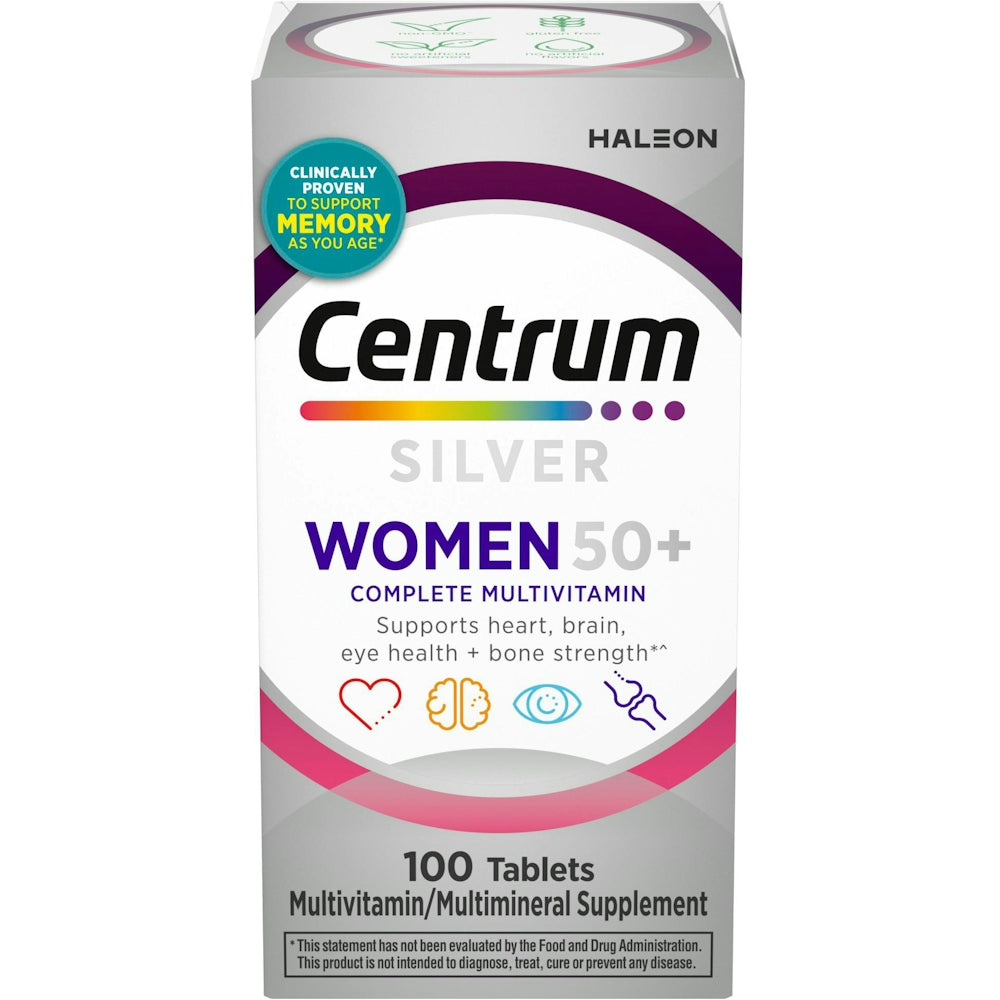 Centrum Silver Women 50+ multivitamin tablets in a bottle, dietary supplement for women over 50 from Pasteur Pharmacy.
