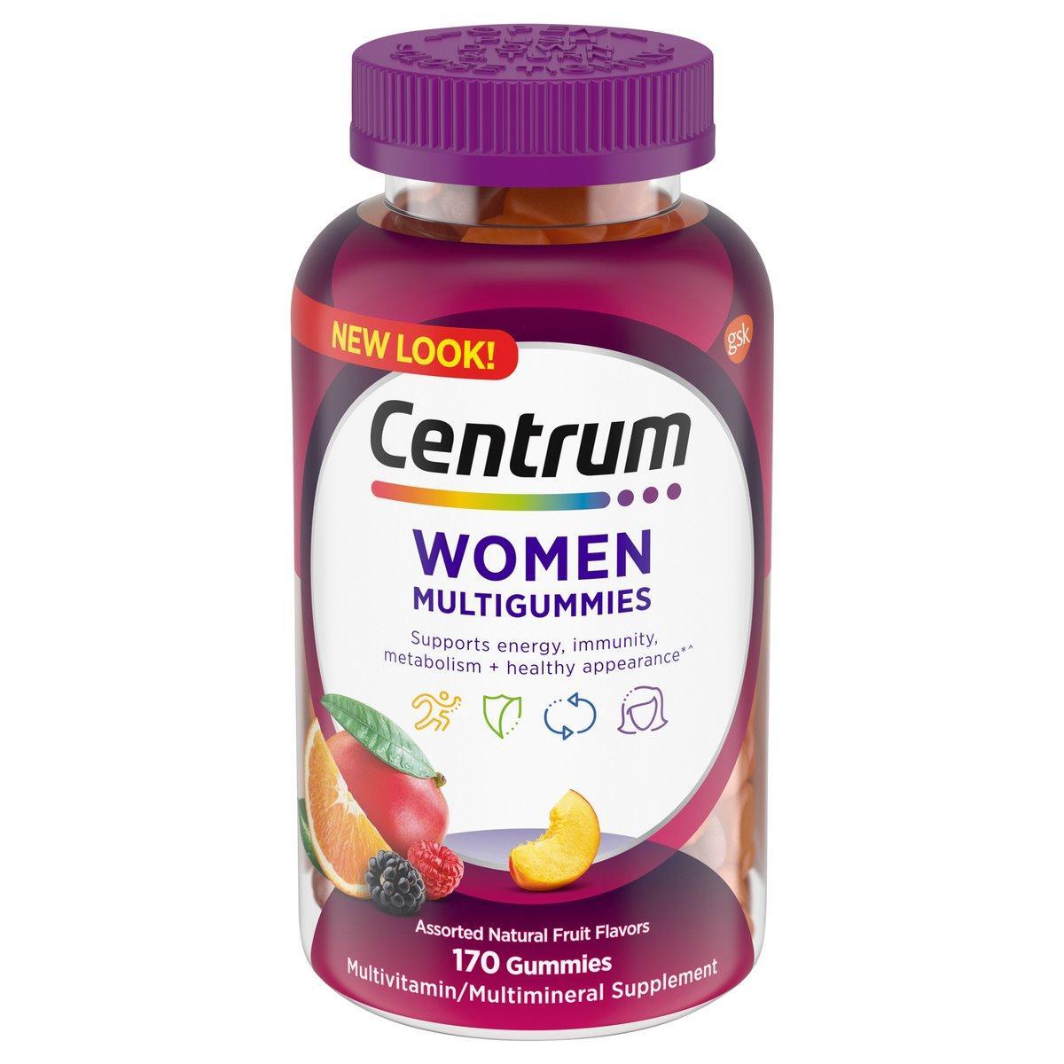 Centrum Women multivitamin gummies in assorted fruit flavors, supporting energy, immunity, and beauty, displayed in a bottle.