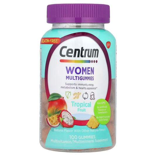 Centrum Women’s Tropical Fruit Multivitamin Gummies in a clear bottle, featuring colorful gummy vitamins with tropical fruit flavor.