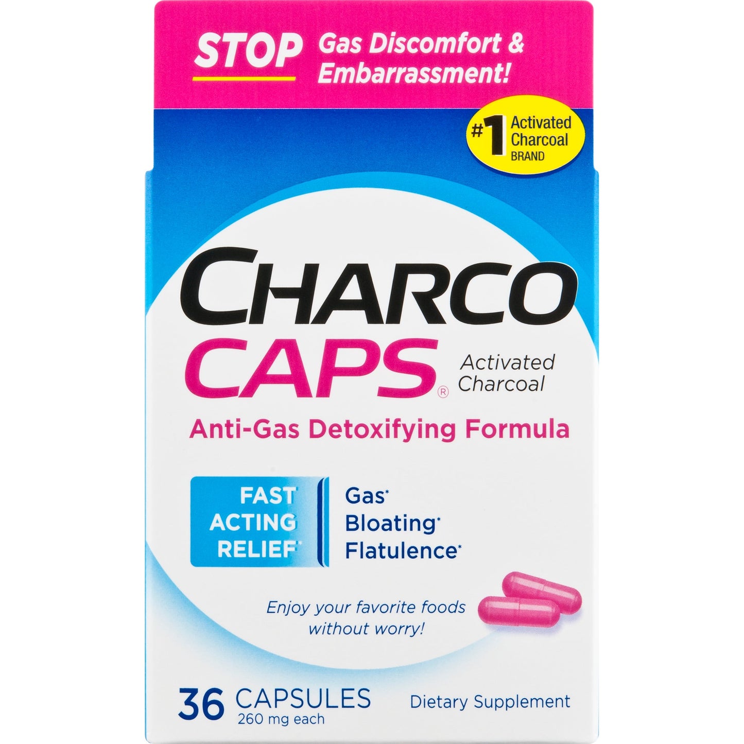 Pasteur Pharmacy CharcoCaps activated charcoal capsules, 260 mg, 36-count, dietary supplement for detox and digestive health.