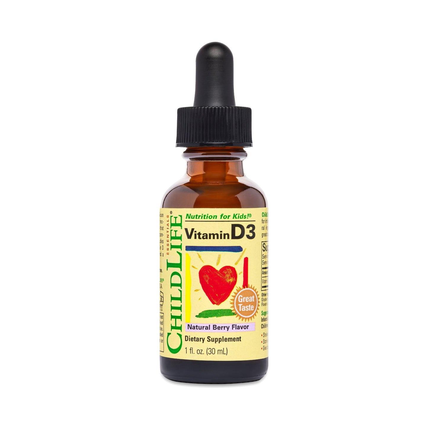 ChildLife Essentials Liquid Vitamin D3 in natural berry flavor, a dietary supplement for children, in a clear dropper bottle