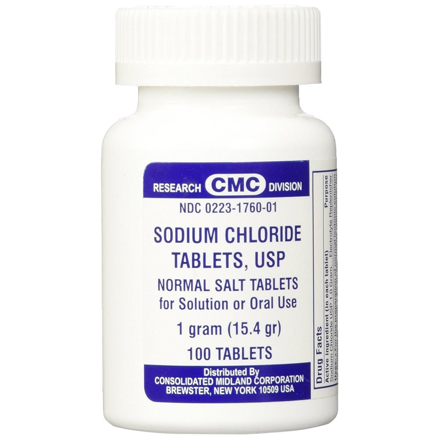 CMC Sodium Chloride 1 Gm USP normal salt tablets from Pasteur Pharmacy, showing white tablets in blister packaging.