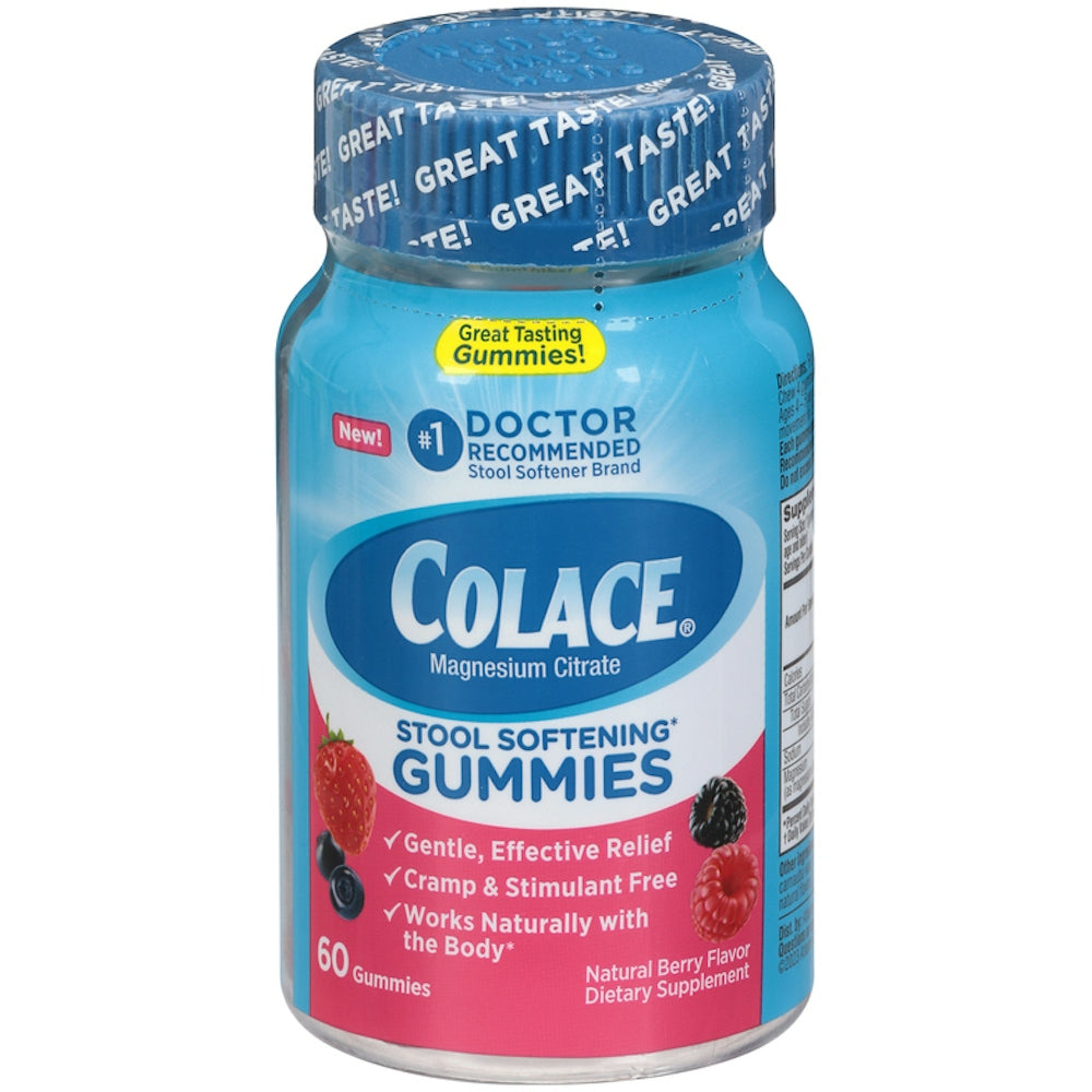 Colace Natural Berry Flavor stool softening gummies, dietary supplement by Pasteur Pharmacy, 60 soft chews for digestive support