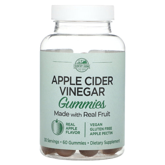 Country Farms Apple Cider Vinegar Gummies with real apple, dietary supplement in a bottle of 60 gummies.