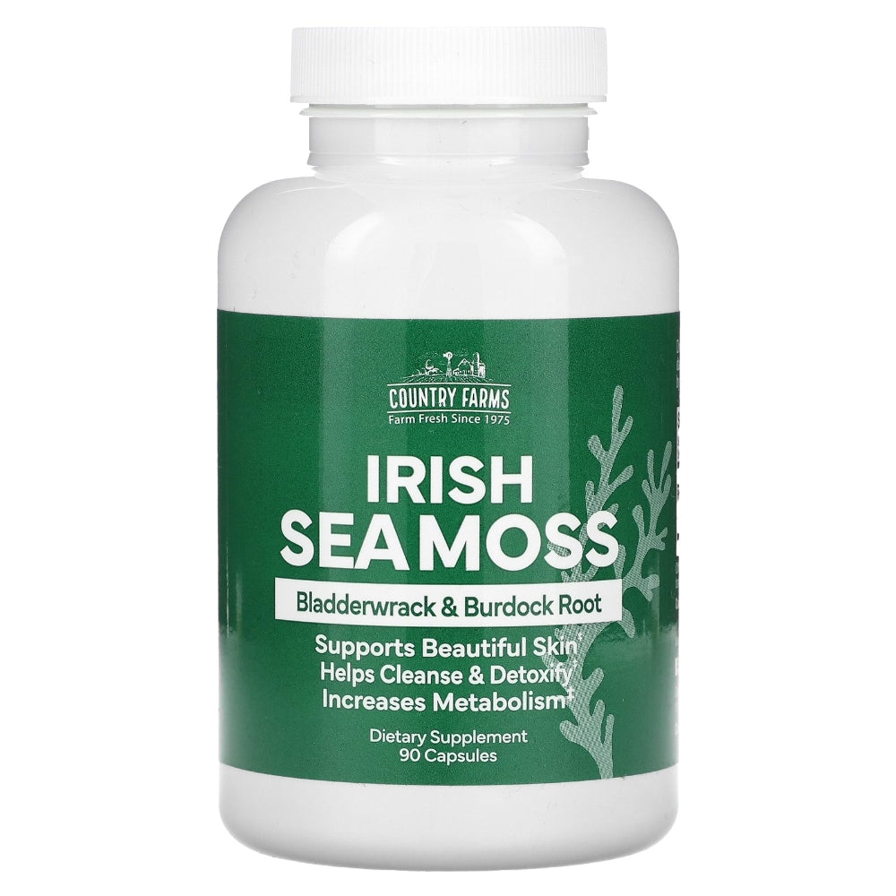 Country Farms Irish Sea Moss Capsules, 90-count vitamins and supplements in a clear bottle with a white cap.