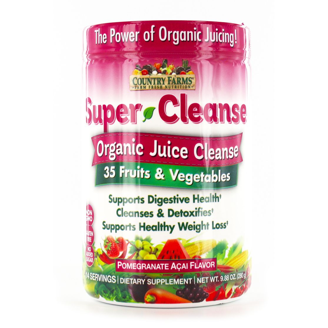 Country Farms Super Cleanse supplement container, 280g, from Pasteur Pharmacy, in a white jar with label and product details visible.