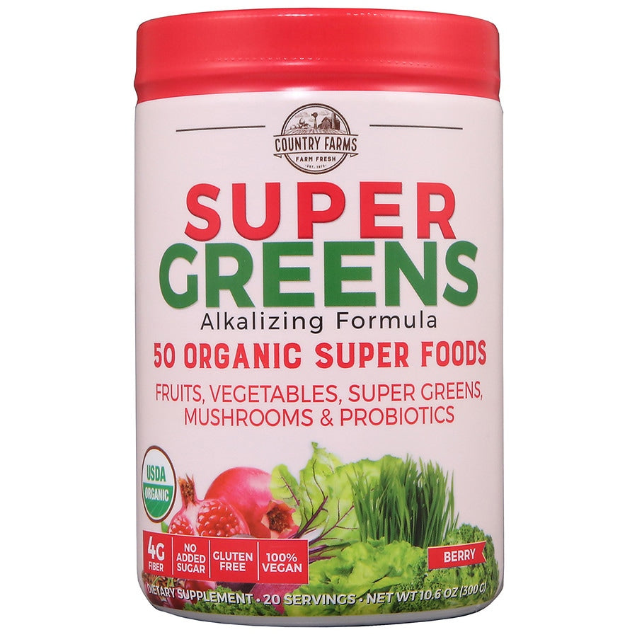Country Farms Super Greens organic superfoods powder in berry flavor, 10.6 oz, from Pasteur Pharmacy vitamins and supplements.