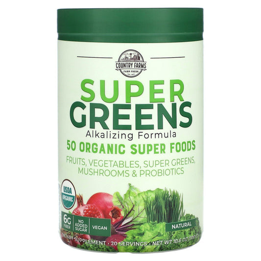 Country Farms Super Greens drink powder in natural flavor, 10.6 oz, vitamin and supplement product with green powder and scoop.