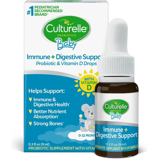 Culturelle Baby Immune and Digestive Support probiotic and Vitamin D drops in 0.3 fl oz (9 mL) bottle, designed for infants.