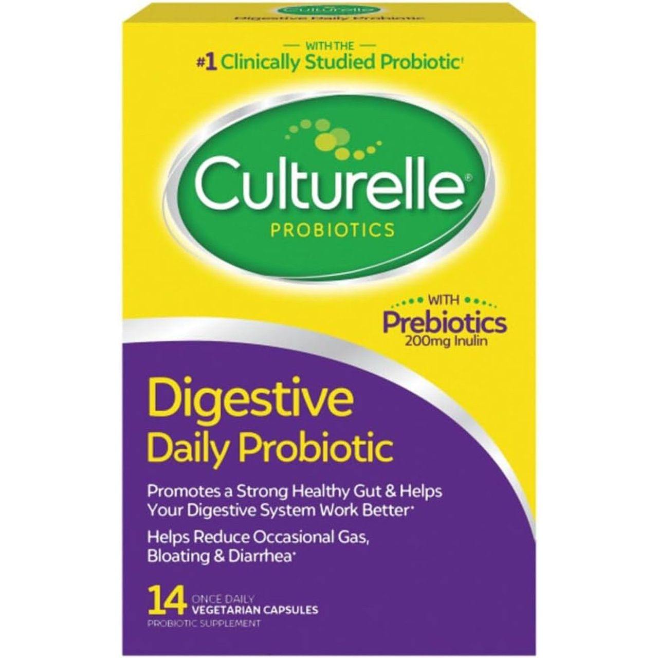 Culturelle Digestive Health Daily Probiotic capsules in a white bottle, designed to support digestive wellness and immune health.