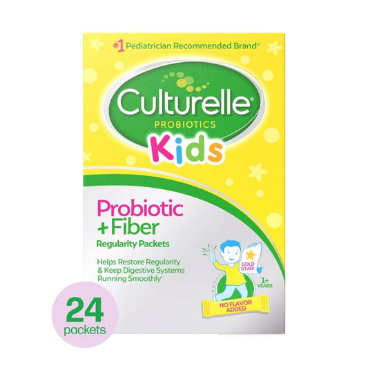 Culturelle Kids probiotic with fiber packet in berry flavor, 24-count, vitamin supplement for regularity and digestive health.