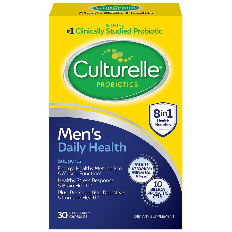 Culturelle Men's Daily Health probiotic capsules in a bottle, dietary supplement for digestive support, from Pasteur Pharmacy.