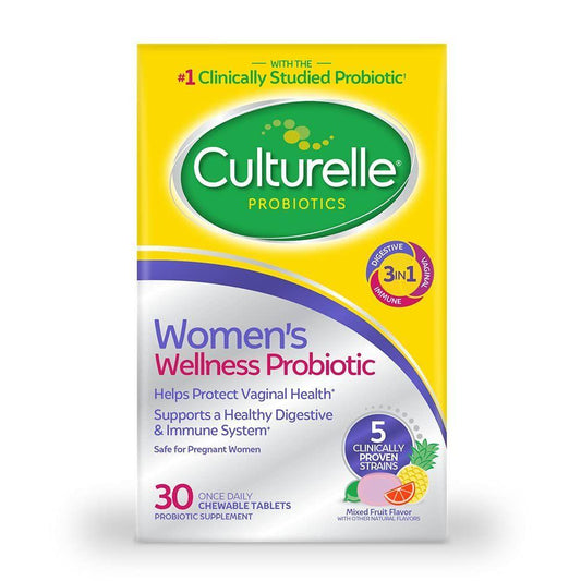Culturelle Women's Wellness Probiotic chewable tablets in mixed fruit flavor, supplement for digestive health, 30 chewables.